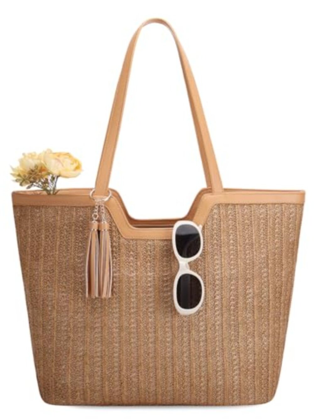 Boho Knitted Straw Tote Bag with Tassels, Zipper Closure, for Beach Shopping